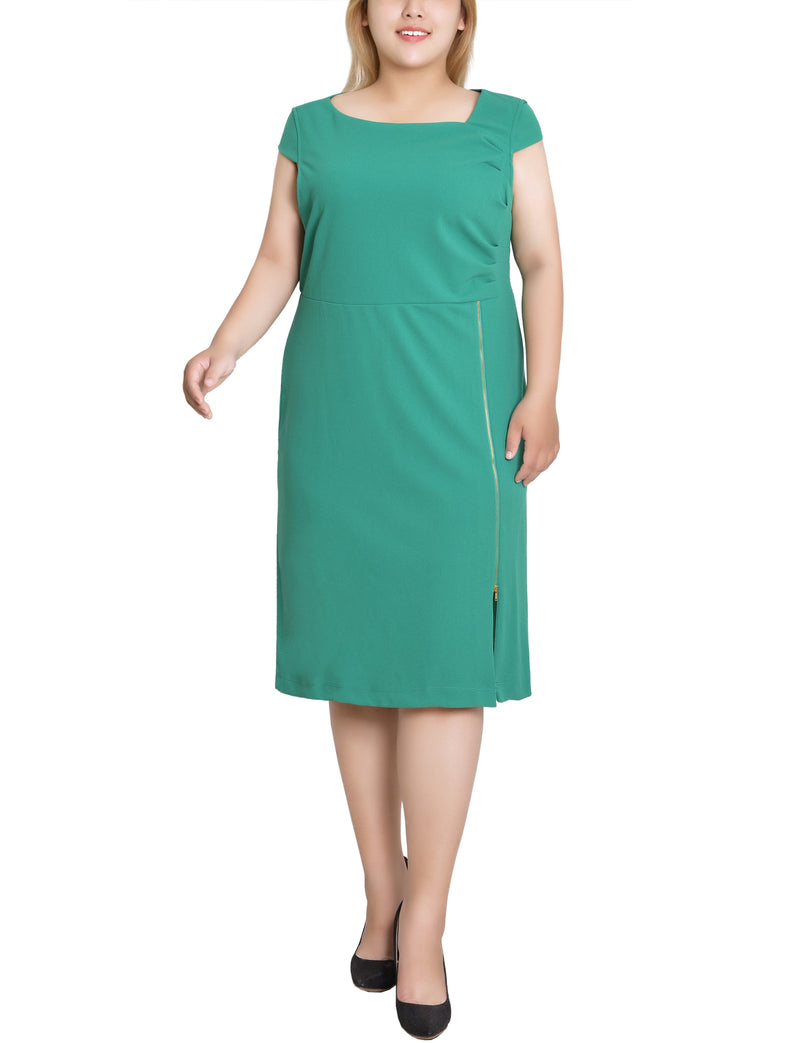 Plus Size Cap Sleeve Exposed Zipper Dress Emerald Green / 2X Plus Size Cap Sleeve Exposed Zipper Dress Emerald Green / 2X