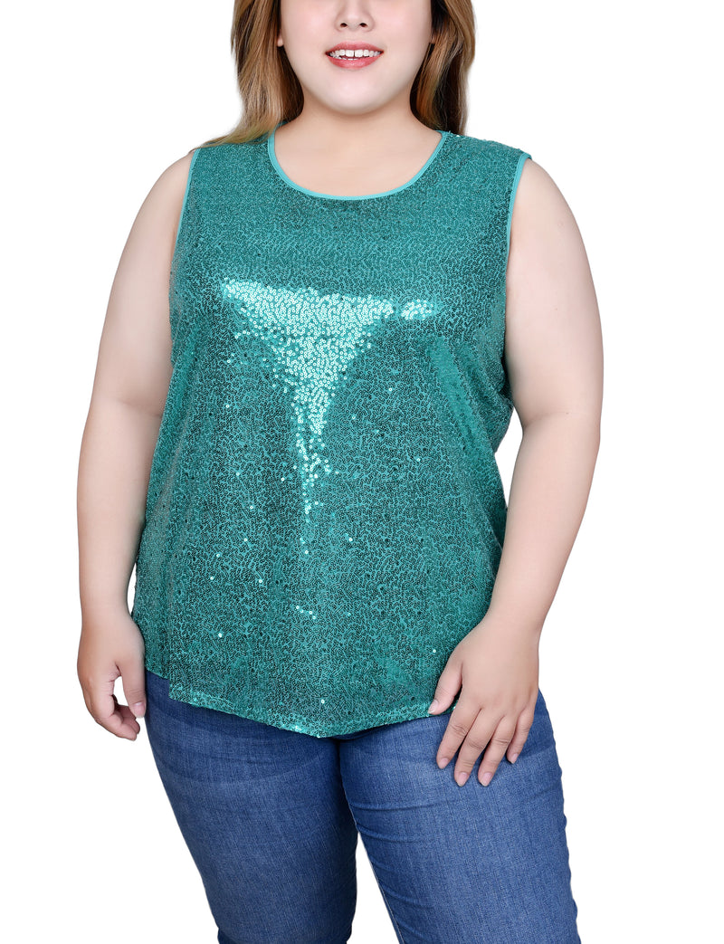 Plus Size Sleeveless Sequined Tank Top With Combo Banding