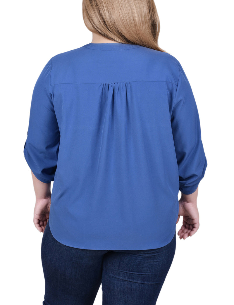 Long Tab-Sleeve Blouse With Pockets