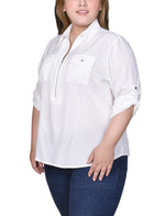 Plus Size 3/4 Roll Tab Sleeve Zip Front Blouse