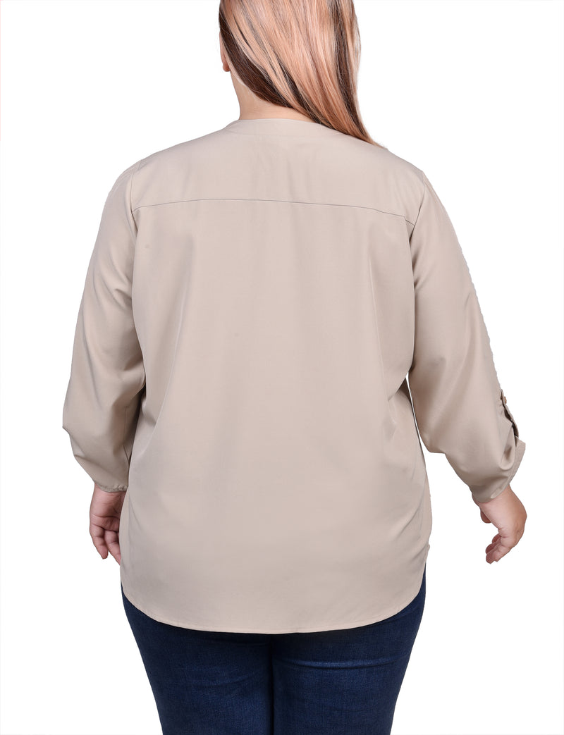 Plus Size Roll Tab Sleeve Blouse with Pockets