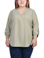 Plus Size Roll Tab Sleeve Blouse with Pockets