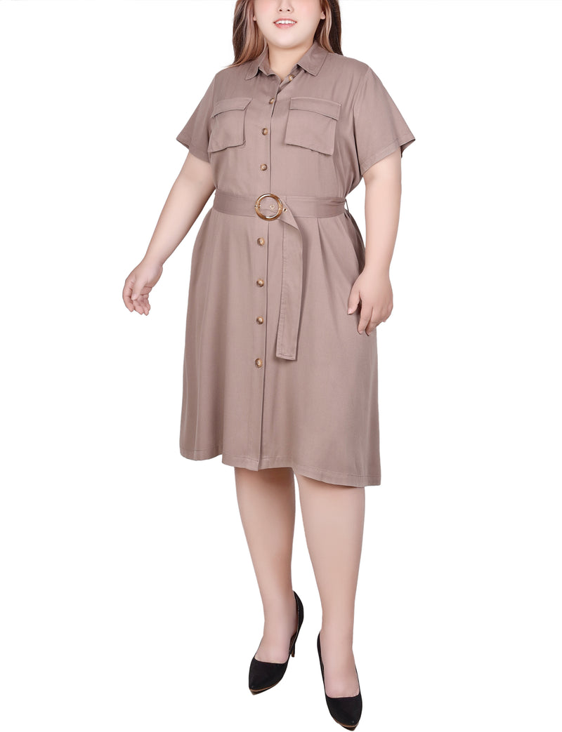 Plus Size Short Sleeve Safari Style Dress