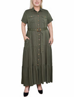 Plus Size Short Sleeve Midi Twill Dress