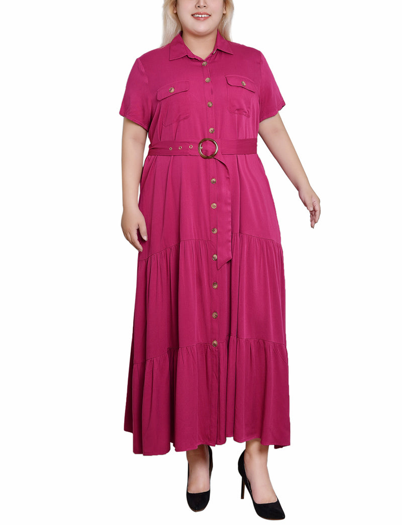 Plus Size Short Sleeve Midi Twill Dress