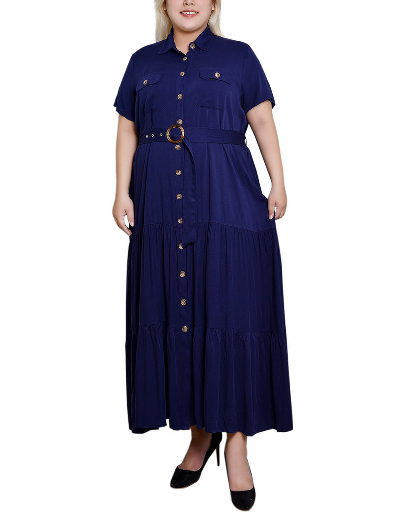 Plus Size Short Sleeve Midi Twill Dress