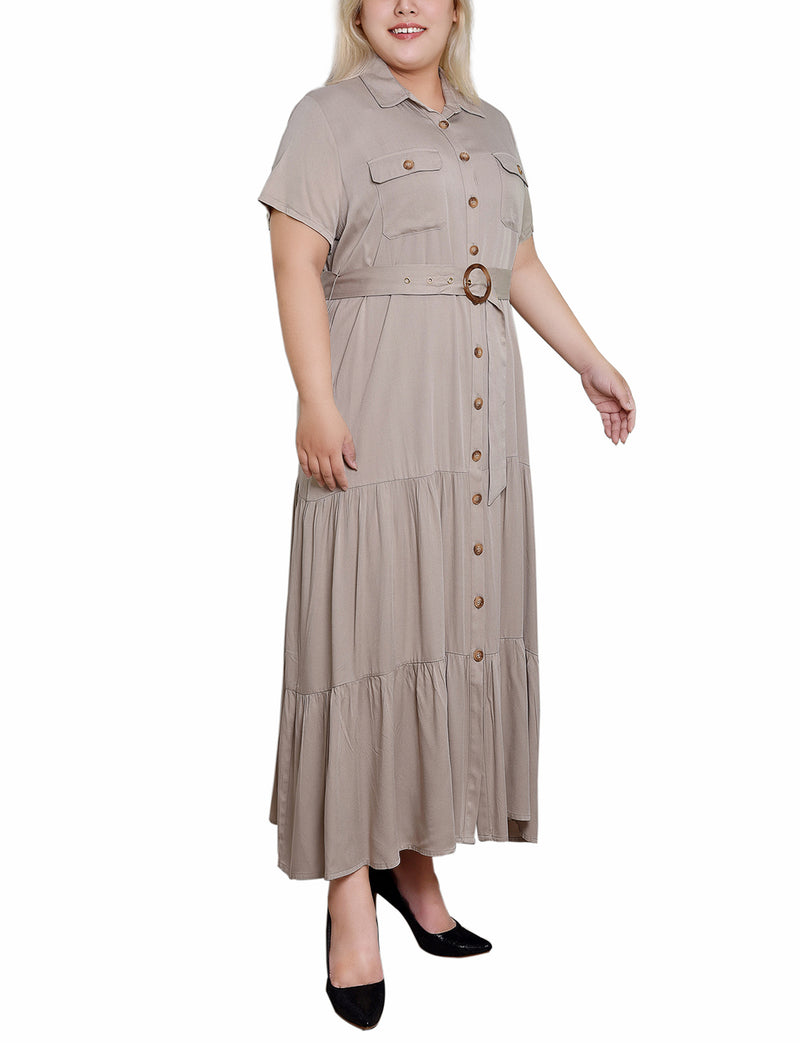 Plus Size Short Sleeve Midi Twill Dress