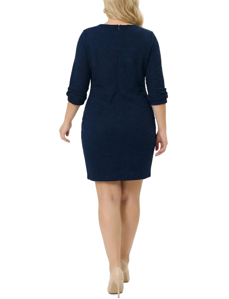 plus size knit dresses Plus Size 3/4 Sleeve Textured Knit Dress Black / 3X