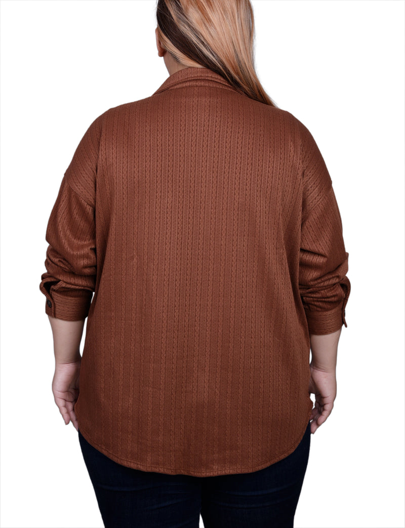 Plus Size Long Sleeve Textured Knit Shirtjacket