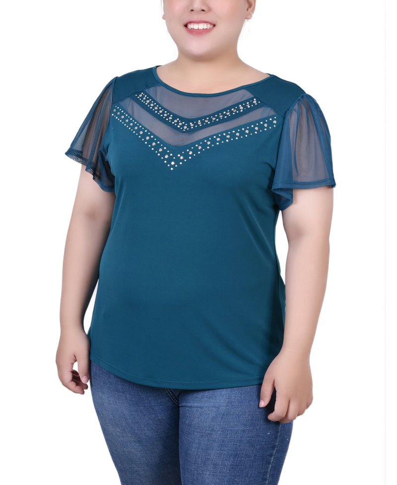 Plus Size Studded Short Flutter Sleeve Top With Mesh Details