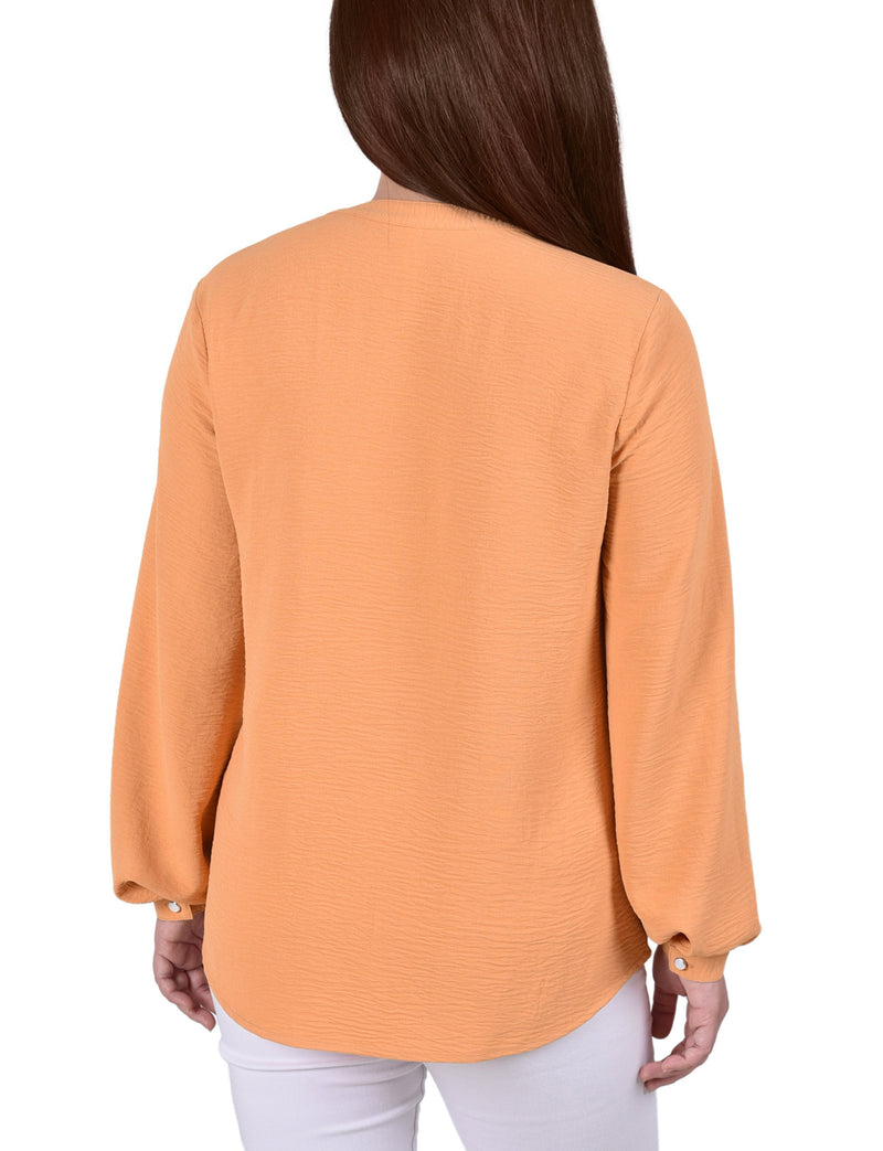 Long Sleeve Pintuck Front Y Neck