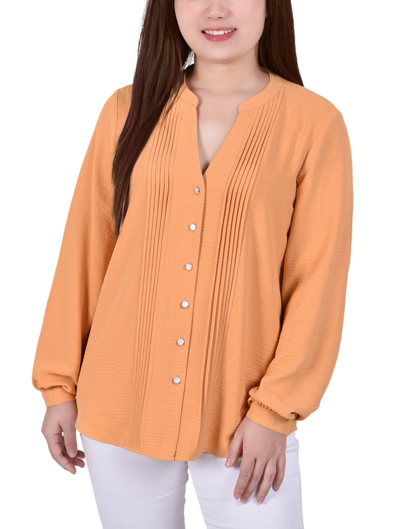 Long Sleeve Pintuck Front Y Neck