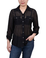 Long Roll Tab Sleeve Burnout Knit Top