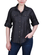Roll Tab Denim Blouse With Rib Insets