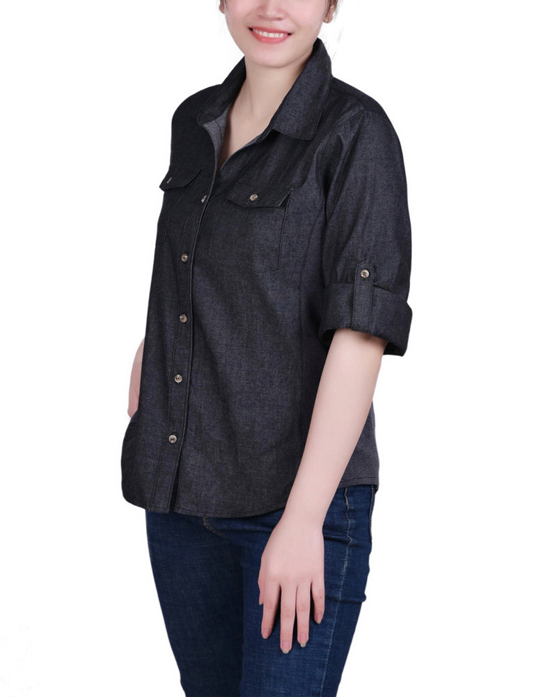 Roll Tab Denim Blouse With Rib Insets
