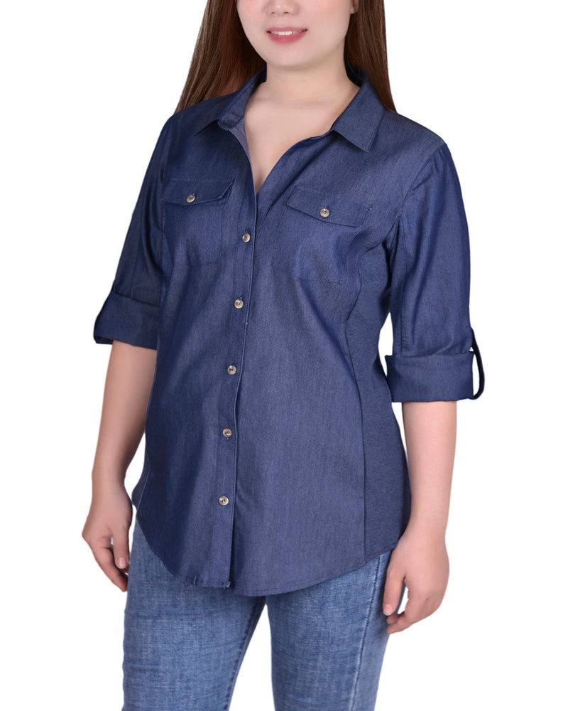 Roll Tab Denim Blouse With Rib Insets