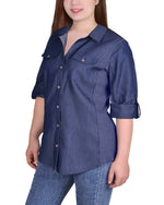Roll Tab Denim Blouse With Rib Insets