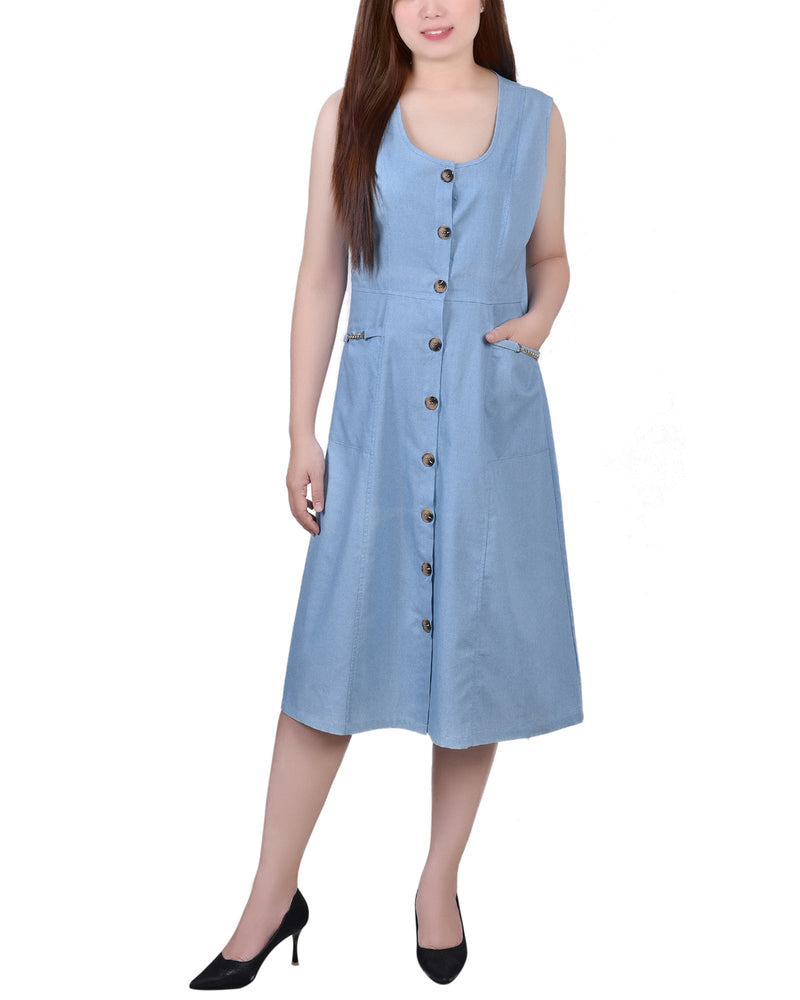 Sleeveless Chambray Dress With Chain Details