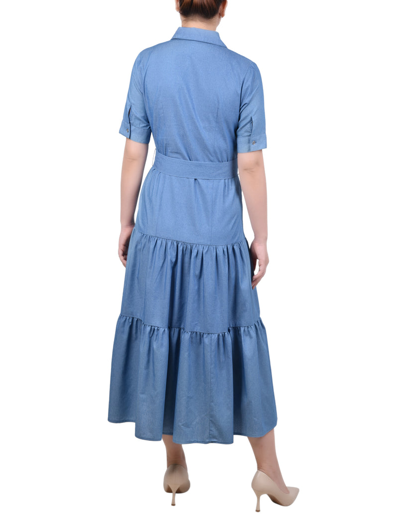 Short Sleeve Belted Chambray Dress
