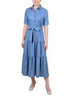 Short Sleeve Belted Chambray Dress