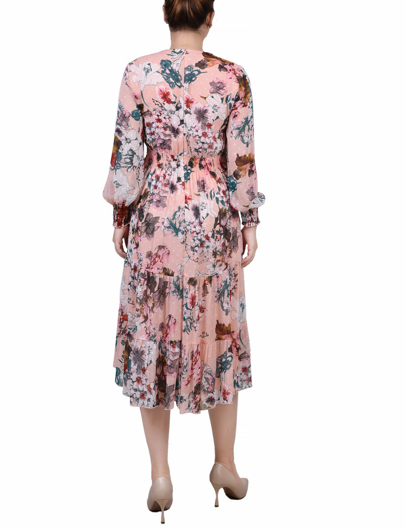 Long Sleeve Clip Dot Chiffon Dress With Smocked Waist and Cuffs