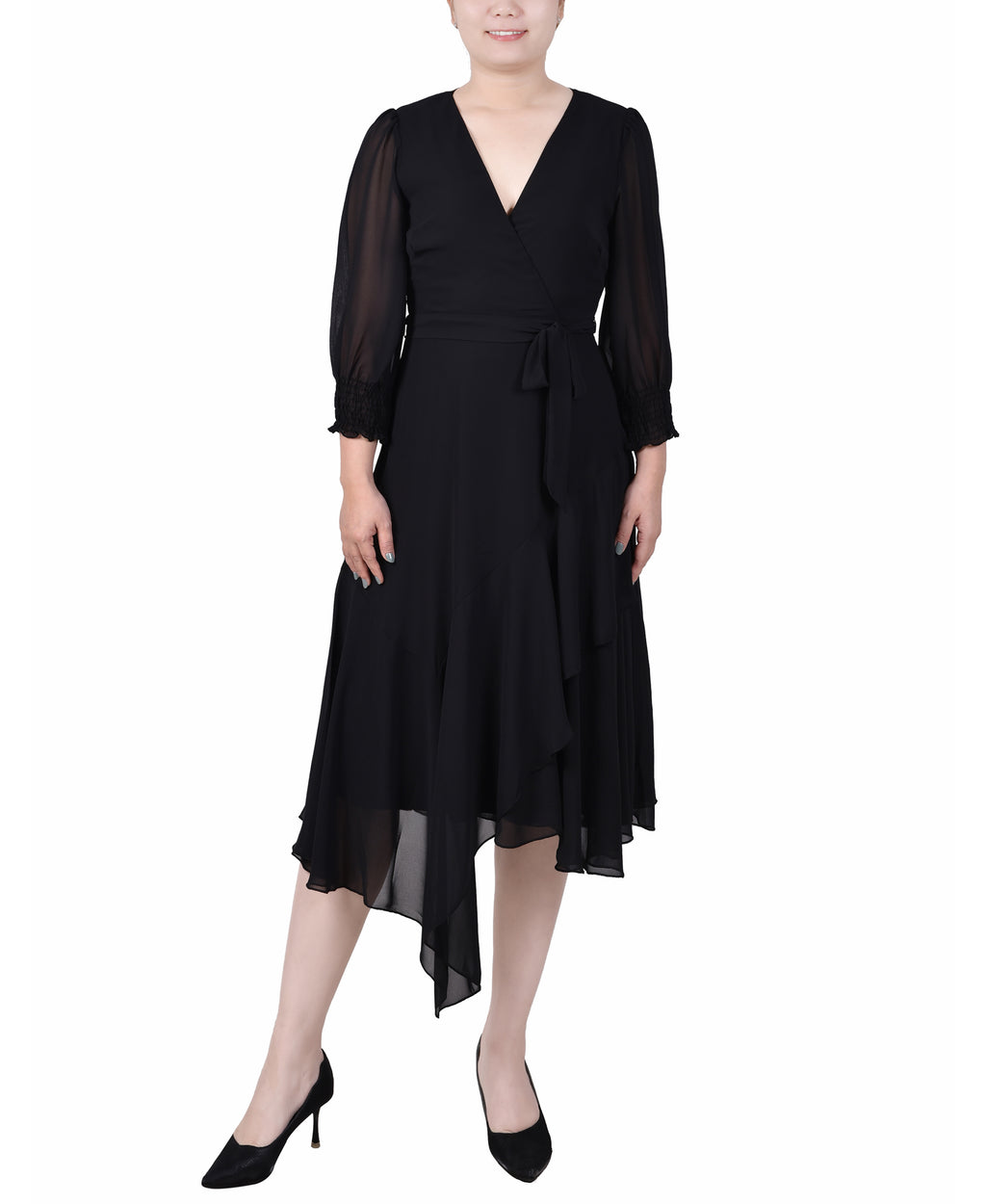 3/4 Sleeve Belted Chiffon Hankerchief Hem Dress – NY COLLECTION