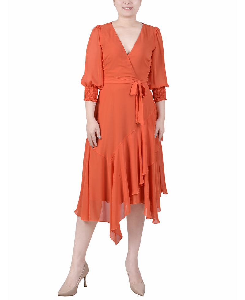 3/4 Sleeve Belted Chiffon Hankerchief Hem Dress NY COLLECTION 3/4 Sleeve Belted Chiffon Hankerchief Hem Dress NY COLLECTION