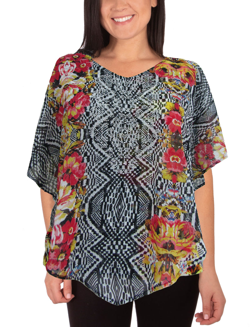 V-Neck Printed Poncho With Nailhead Details