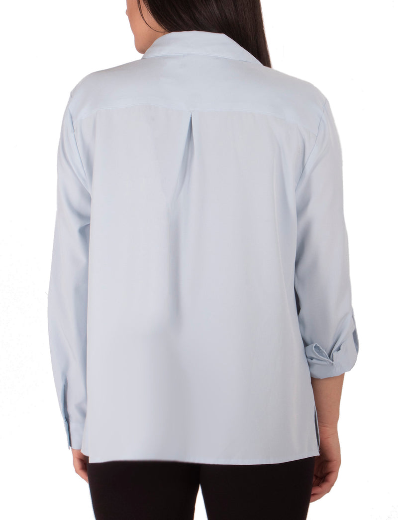 Long Sleeve Y Neck Blouse With Flap Pockets