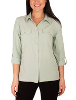 Long Sleeve Y Neck Blouse With Flap Pockets