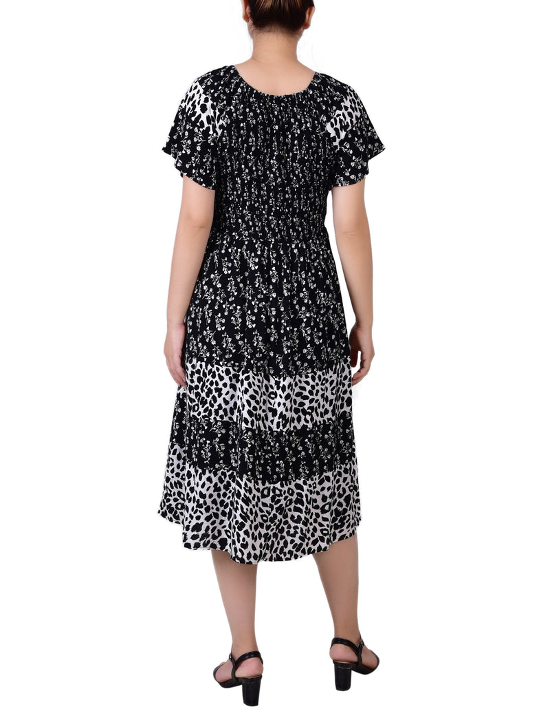 Short Sleeve Smocked Combo Print Dress