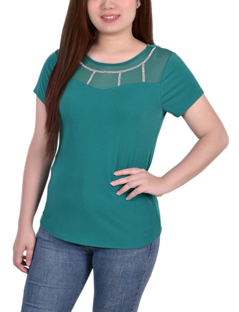 Short Sleeve Crepe  Knit Top With Mesh Yoke With Stone Details