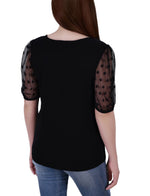 Elbow Sleeve Crepe Top With Mesh Dotted Sleeves