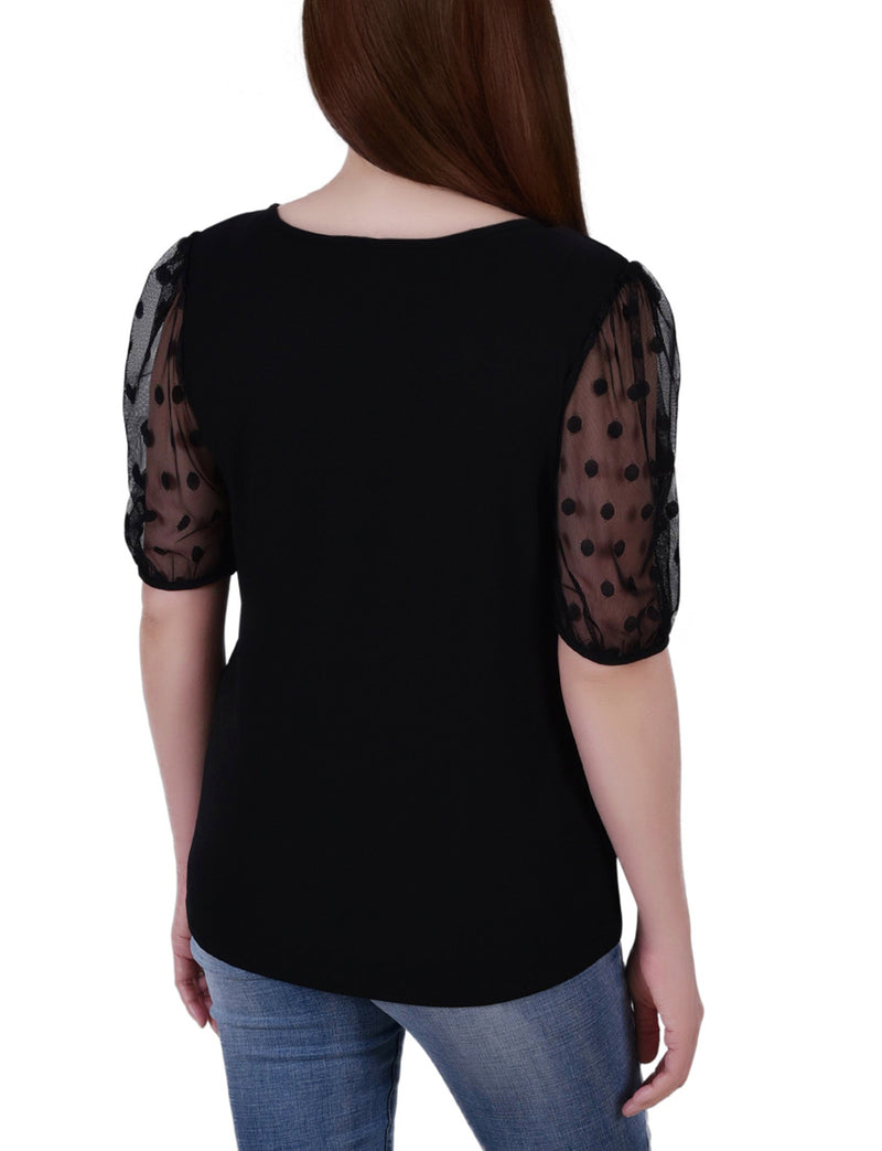 Elbow Sleeve Crepe Top With Mesh Dotted Sleeves