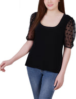 Elbow Sleeve Crepe Top With Mesh Dotted Sleeves