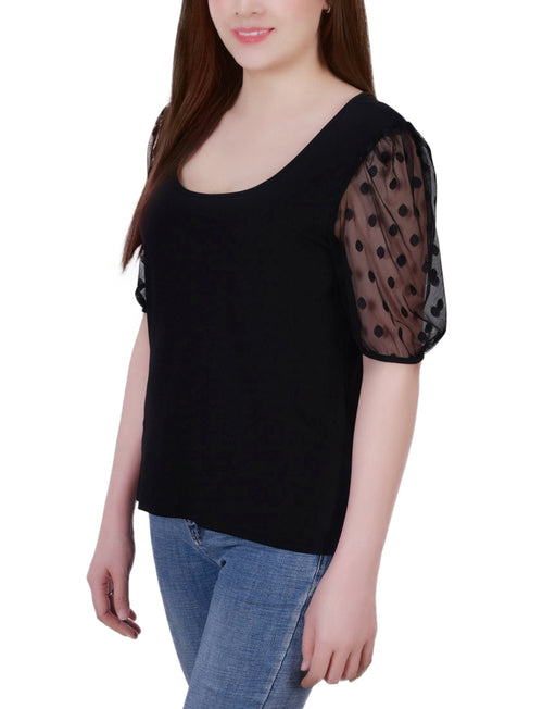 Elbow Sleeve Crepe Top With Mesh Dotted Sleeves