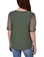 Elbow Sleeve Crepe Top With Mesh Dotted Sleeves