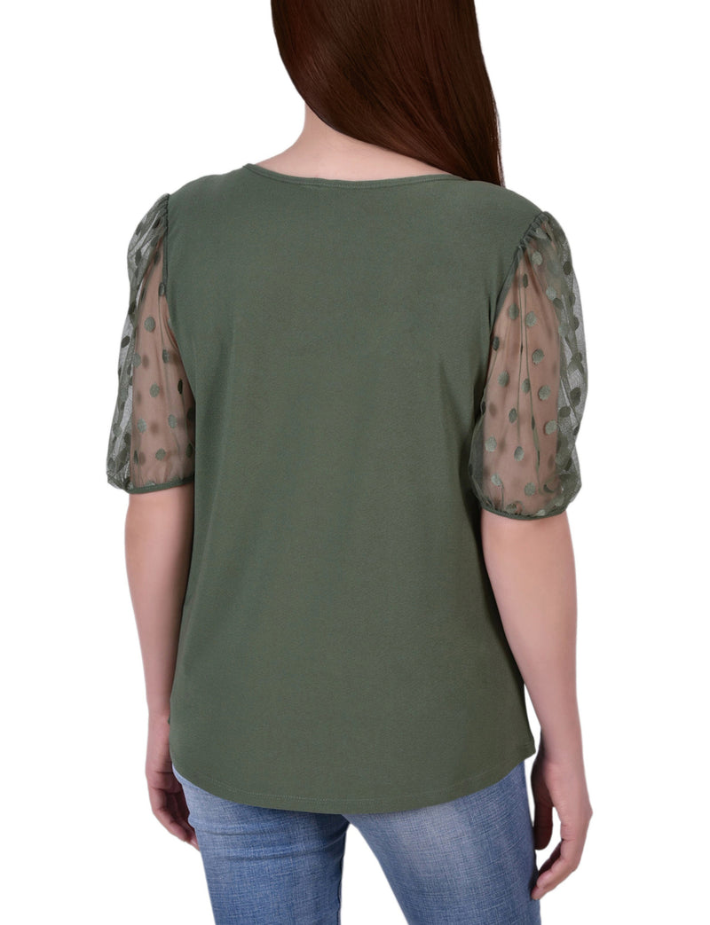 Elbow Sleeve Crepe Top With Mesh Dotted Sleeves