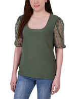Elbow Sleeve Crepe Top With Mesh Dotted Sleeves