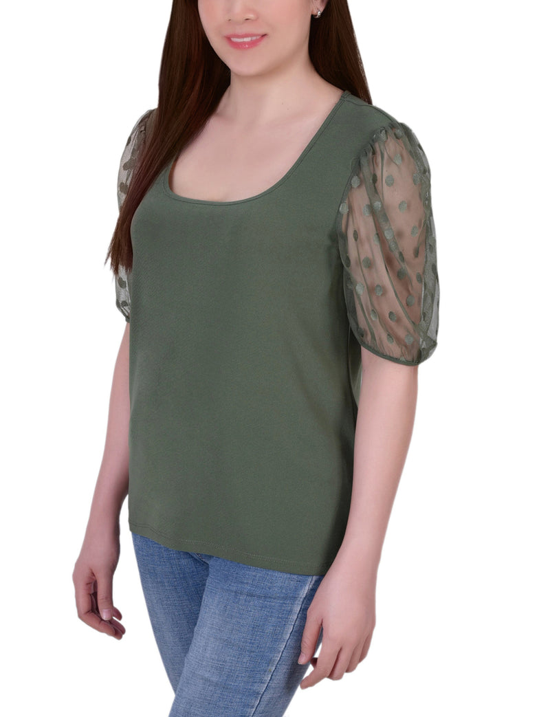 Elbow Sleeve Crepe Top With Mesh Dotted Sleeves