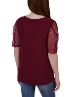 Elbow Sleeve Crepe Top With Mesh Dotted Sleeves