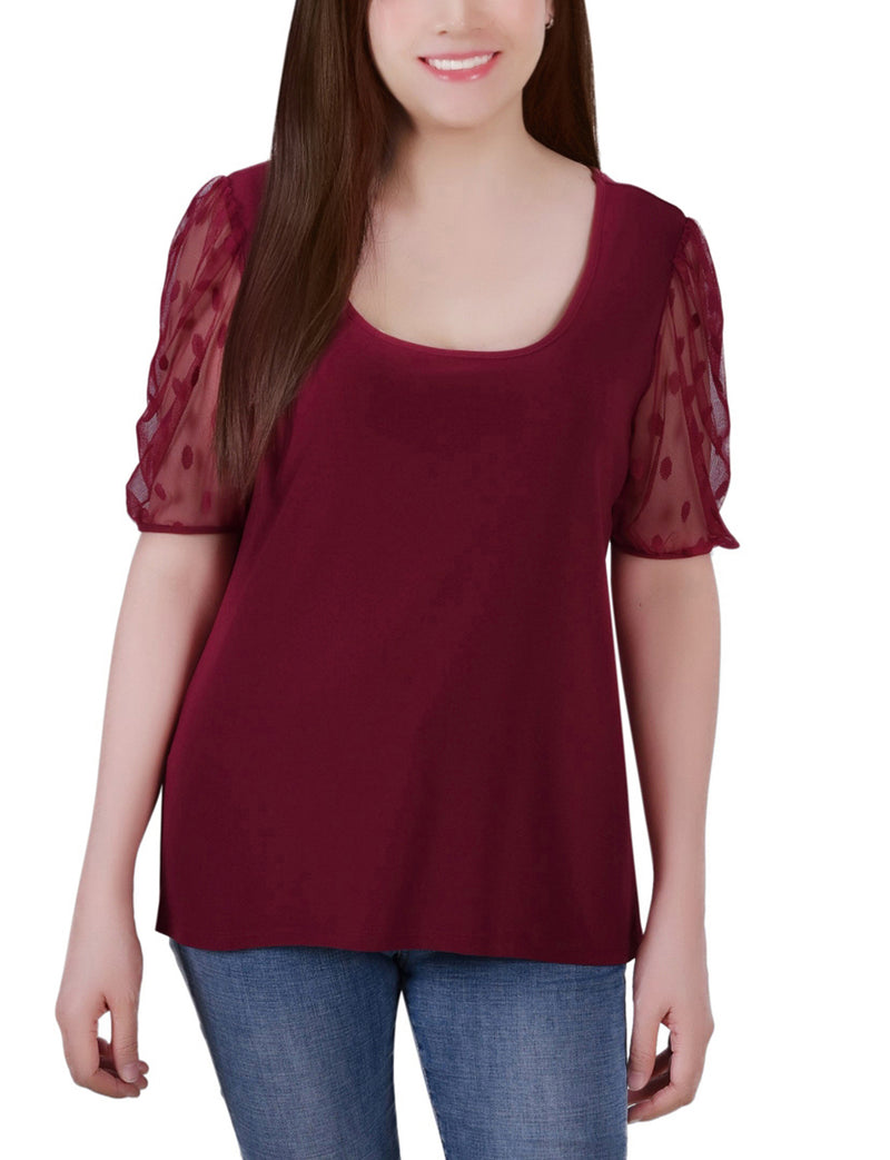 Elbow Sleeve Crepe Top With Mesh Dotted Sleeves