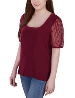 Elbow Sleeve Crepe Top With Mesh Dotted Sleeves
