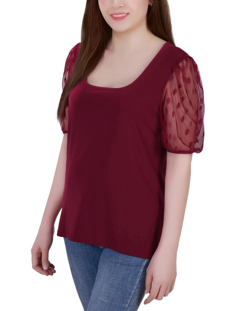 Elbow Sleeve Crepe Top With Mesh Dotted Sleeves