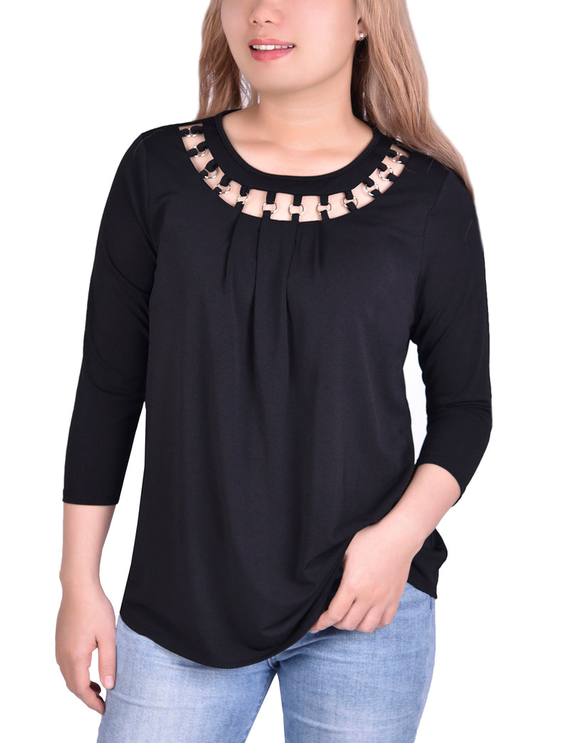3/4 Sleeve Top With Cutout Ringed Neckline