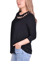 3/4 Sleeve Top With Cutout Ringed Neckline