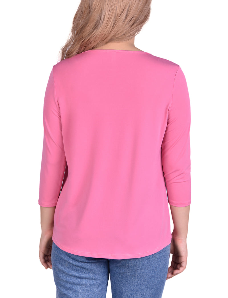 3/4 Sleeve Top With Cutout Ringed Neckline