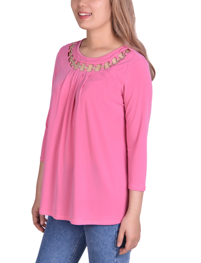 3/4 Sleeve Top With Cutout Ringed Neckline