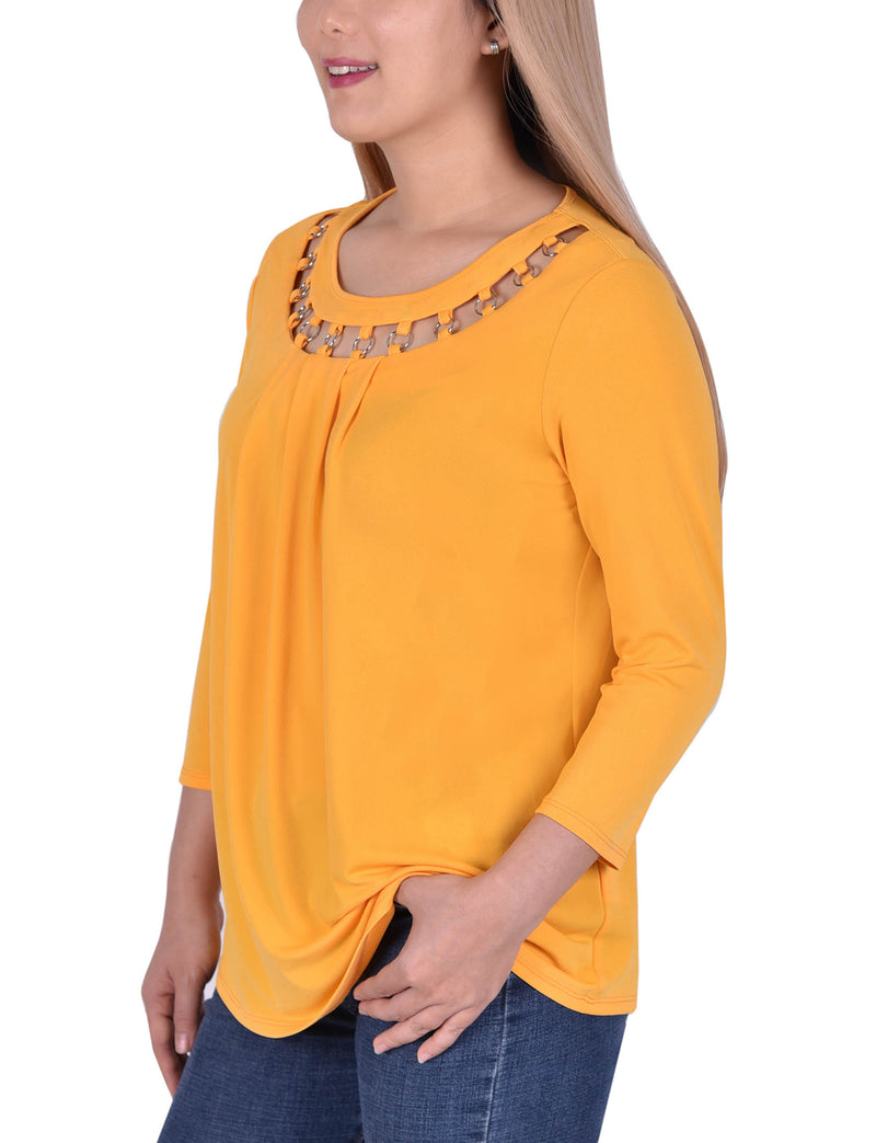 3/4 Sleeve Top With Cutout Ringed Neckline