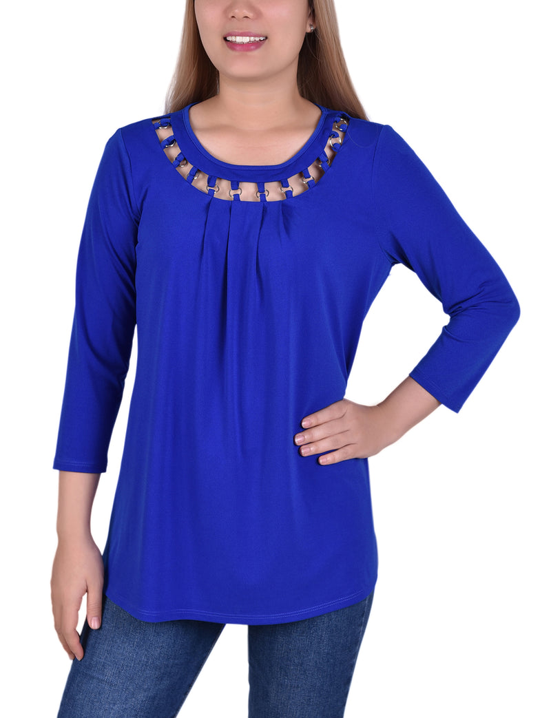 3/4 Sleeve Top With Cutout Ringed Neckline